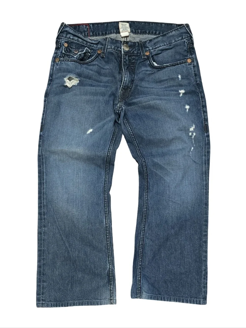True Religion Billy Giant Big T Jeans Mens 36 Made USA Blue Distressed Flap